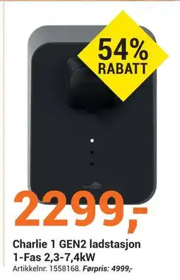 Elektroimportøren Charlie 1 GEN2 ladstasjon 1-Fas 2,3-7,4kW tilbud