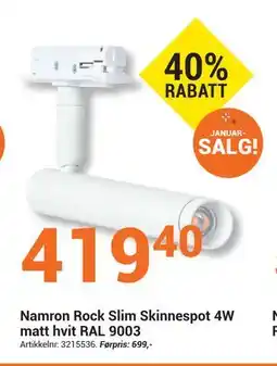 Elektroimportøren Namron Rock Slim Skinnespot 4W matt hvit RAL 9003 tilbud
