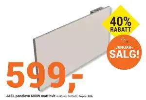 J&EL panelovn 600W matt hvit