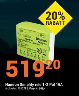 Elektroimportøren Namron Simplify relé 1-2 Pol 16A tilbud