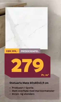 Megaflis Statuario Mate 60x60x0,9 cm tilbud