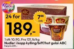 Gigaboks Nudler i kopp kylling/biff/hot gulai ABC tilbud