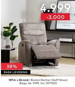 Skeidar Boston Recliner Stoff Slowly Beige tilbud