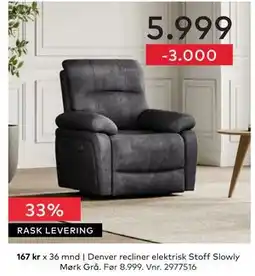 Skeidar Denver recliner elektrisk Stoff Slowly Mørk Grå tilbud