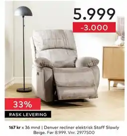 Skeidar Denver recliner elektrisk Stoff Slowly Beige tilbud