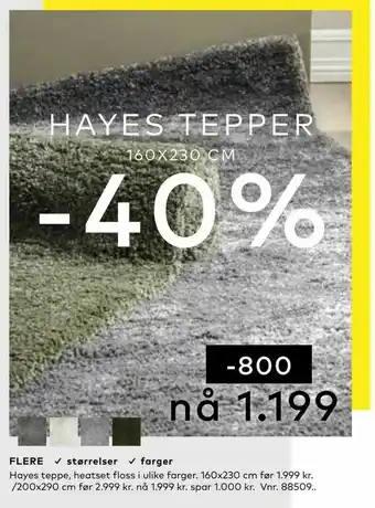 Skeidar Hayes tepper Hayes teppe, heatset floss i ulike farger tilbud