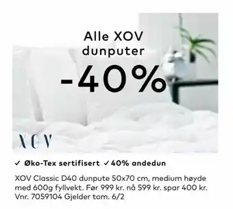 Skeidar XOV Classic D40 dunpute 50x70 cm, medium høyde med 600g fyllvekt tilbud