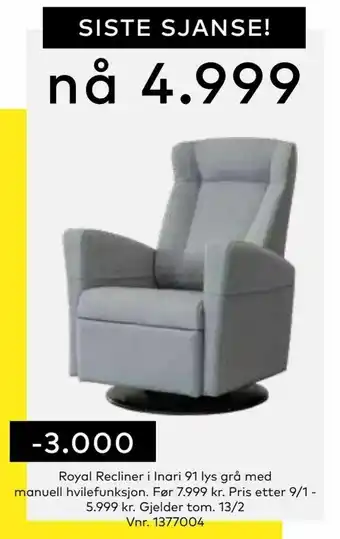 Skeidar Royal Recliner i Inari 91 tilbud