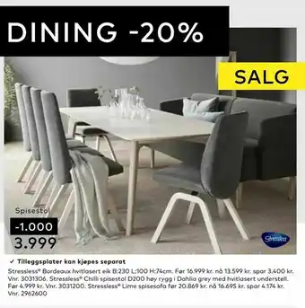 Skeidar Stressless® Chilli spisestol D200 høy rygg i Dahlia grey med hvitlasert understell tilbud