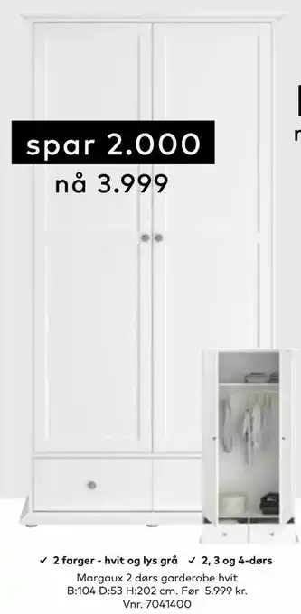 Margaux 2 dørs garderobe hvit