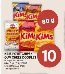 Coop Mega KIMS POTETCHIPS/ OLW CHEEZ DOODLES tilbud