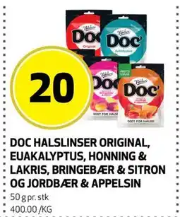 Bunnpris DOC HALSLINSER ORIGINAL, EUAKALYPTUS, HONNING & LAKRIS, BRINGEBÆR & SITRON OG JORDBÆR & APPELSIN tilbud