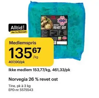 Storcash Norvegia 26% revet ost tilbud