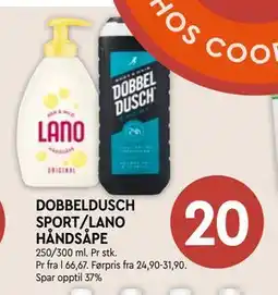 Coop Mega DOBBELDUSCH SPORT/LANO HÅNDSÅPE tilbud