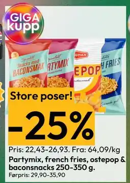 Gigaboks Partymix, french fries, ostepop & baconsnacks 250-350 g tilbud