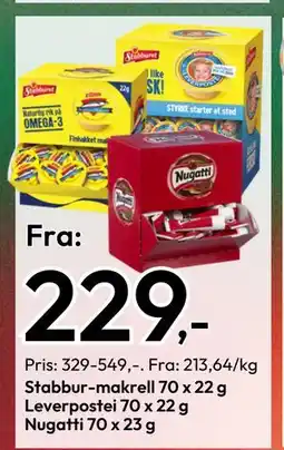 Gigaboks Stabbur-makrell 70 x 22 g Leverpostei 70 x 22 g Nugatti 70 x 23 g tilbud