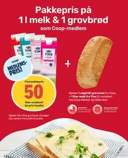 Matkroken 1 valgfritt grovbrød fra Coop + 1 liter melk fra Tine, Medlemspris tilbud