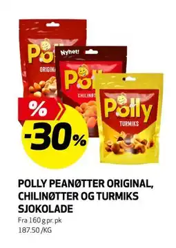 Bunnpris POLLY PEANØTTER ORIGINAL, CHILINØTTER OG TURMIKS SJOKOLADE tilbud