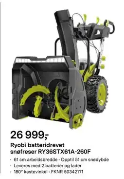 Felleskjøpet Ryobi batteridrevet snøfreser RY36STX61A-260F tilbud