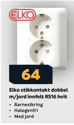 Megaflis Elko stikkontakt dobbel m/jord innfelt RS16 hvit tilbud