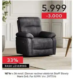 Skeidar Denver recliner elektrisk Stoff Slowly Mørk Grå tilbud