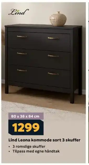 Megaflis Lind Leona kommode sort 3 skuffer tilbud