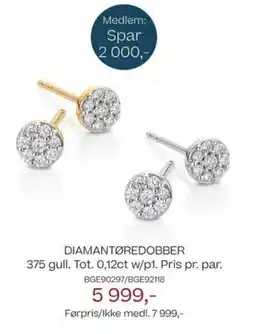 Bjørklund Diamantøredobber 375 gull. tot. 0,12ct w/p1. pris pr. par. tilbud