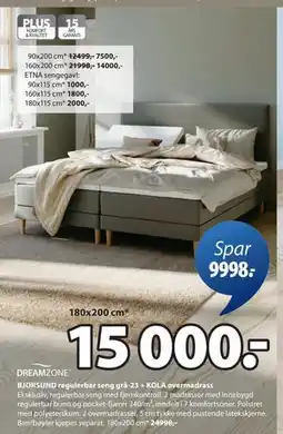 JYSK BJORSUND regulerbar seng grå-23 + KOLA overmadrass tilbud