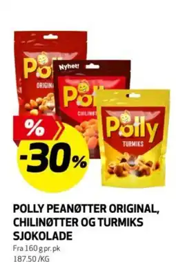 Bunnpris Polly peanøtter original, chilinøtter og turmiks sjokolade tilbud