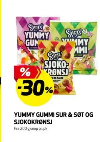 Bunnpris Yummy gummi sur & søt og sjokokrønsj tilbud