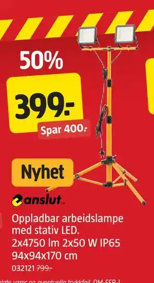 Oppladbar arbeidslampe med stativ LED. 2x4750 lm 2x50 W IP65 94x94x170 cm