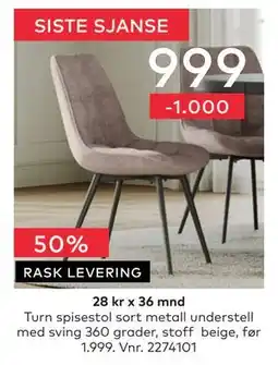 Skeidar Turn spisestol sort metall understell med sving 360 grader tilbud