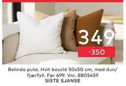 Skeidar Belinda pute, Hvit bouclé 50x50 cm, med dun/ fjærfyll. Før 699. Vnr. 8805459 tilbud