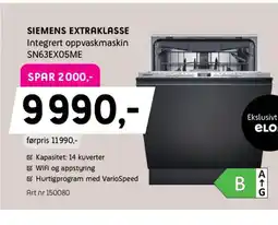 ELON SIEMENS Extraklasse Integrert oppvaskmaskin SN63EX05ME tilbud