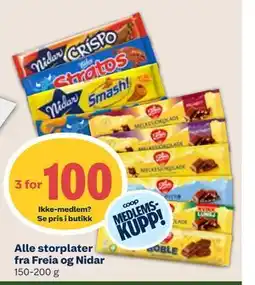 Coop Mega Alle storplater fra Freia og Nidar, Medlemspris tilbud