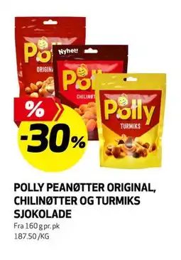 Bunnpris POLLY PEANØTTER ORIGINAL, CHILINØTTER OG TURMIKS SJOKOLADE tilbud