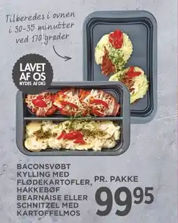 Meny Baconsvøbt kylling med flødekartofler, hakkebøf bearnaise eller schnitzel med kartoffelmos tilbud