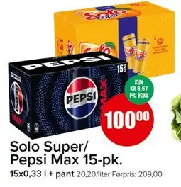 Spar Solo Super/Pepsi Max 15-pk tilbud