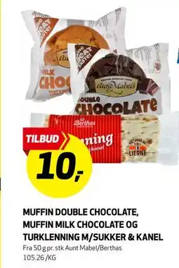 Bunnpris MUFFIN DOUBLE CHOCOLATE, MUFFIN MILK CHOCOLATE OG TURKLENNING M/SUKKER & KANEL tilbud