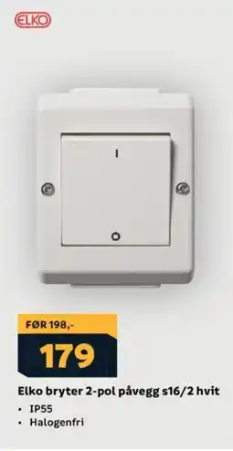 Megaflis ELKO Bryter 2-pol påvegg s16/2 hvit tilbud