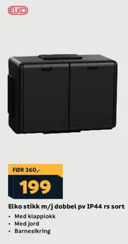 Megaflis ELKO Stikk m/j dobbel pv ip44 rs sort tilbud