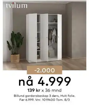 Skeidar Billund garderobeskap 3 dørs tilbud