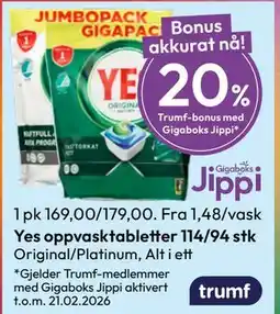 Gigaboks Yes oppvasktabletter 114/94 stk tilbud