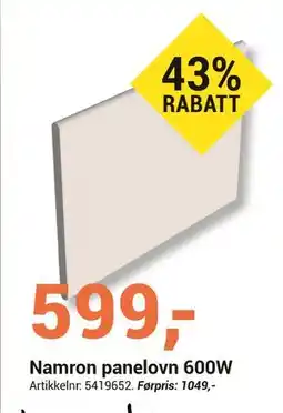 Elektroimportøren Namron panelovn 600W tilbud