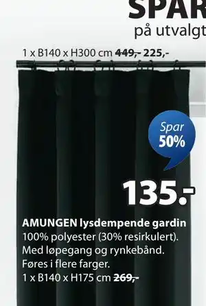 JYSK AMUNGEN lysdempende gardin tilbud