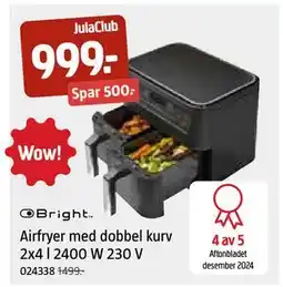 Jula Airfryer med dobbel kurv 2x4 l 2400 W 230 V, Medlemspris tilbud