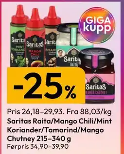Gigaboks Saritas Raita/Mango Chili/Mint. Koriander/Tamarind/Mango Chutney 215–340 g tilbud
