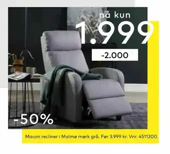 Skeidar Macon recliner i Malmø mørk grå tilbud