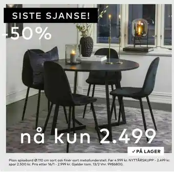 Skeidar Plain spisebord Ø:110 cm sort ask finér sort metallunderstell tilbud