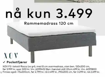 Skeidar XOV F3 i tekstil Rocco lys grå, med 8 cm overmadrass, uten ben tilbud